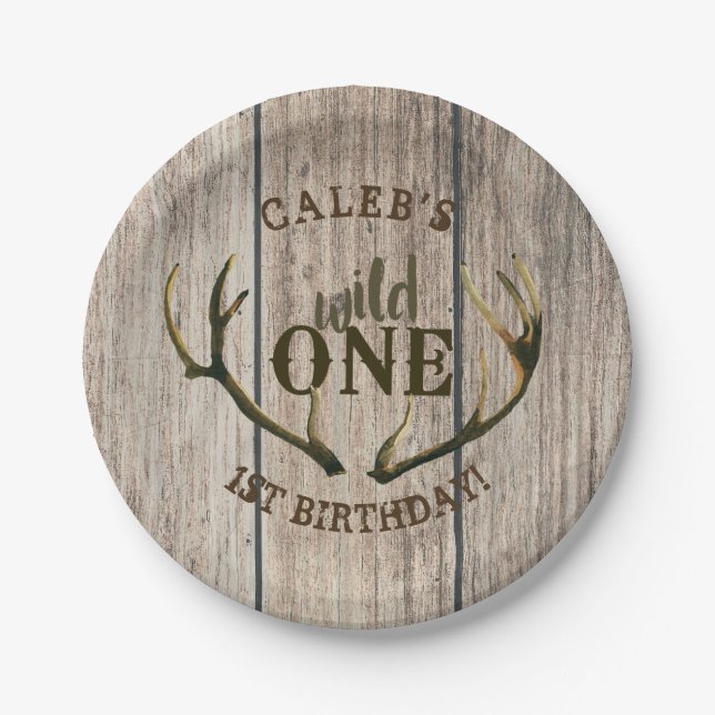 Wild One Deer Antlers Rustic Wood 1st Birthday Paper Plates (Front)