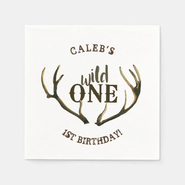 Wild One Deer Antlers Simple White 1st Birthday Napkins (Front)