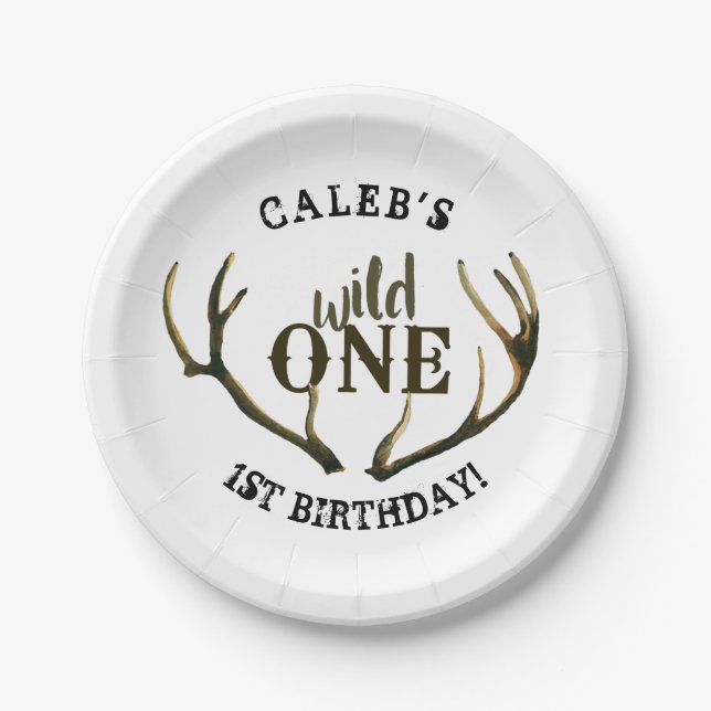 Wild One Deer Antlers Simple White 1st Birthday Paper Plates (Front)