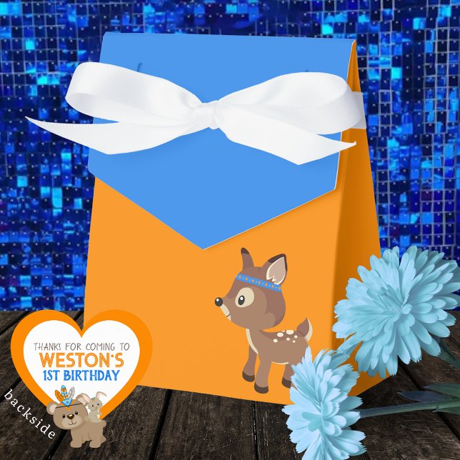 Wild One Deer Orange & Blue Treat Favor Boxes (Wild One Woodland Deer Favor Boxes in Royal Blue and Orange. Personalized Backside)