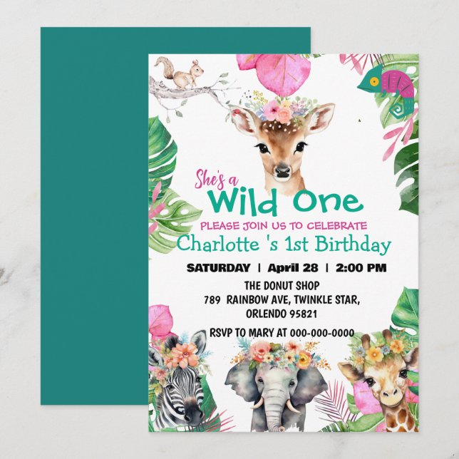 Wild One Deer Safari jungle 1st Animals Birthday Invitation (Front/Back)