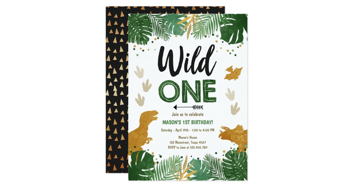 Wild One Dino Party Boy Gold Dinosaur 1st Birthday Invitation | Zazzle.com