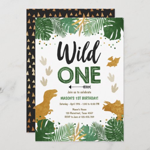 Wild One Dino Party Boy Gold Dinosaur 1st Birthday Invitation