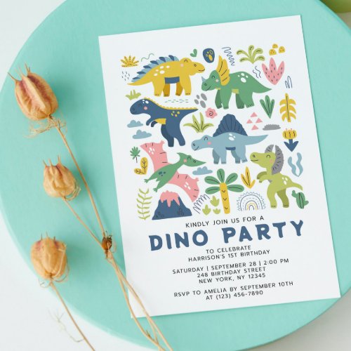 Wild One Dino Party Cute Modern Dinosaurs First Invitation