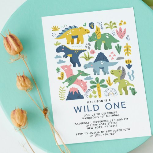 Wild One Dino Party Cute Modern Dinosaurs First  Invitation