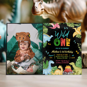 Wild One Dino Party Dinosaur 1st Birthday Photo Invitation