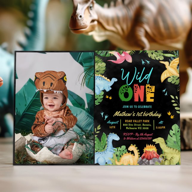 Wild One Dino Party Dinosaur 1st Birthday Photo Invitation (Creator Uploaded)