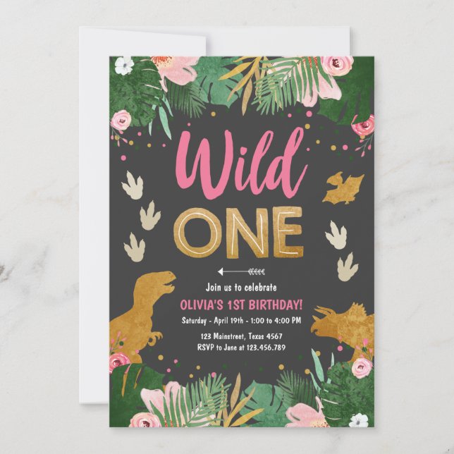 Wild One Dino Party Girl Pink Dinosaur Birthday Invitation (Front)