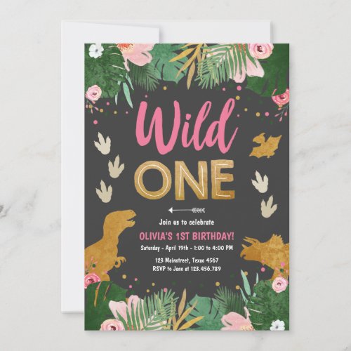 Wild One Dino Party Girl Pink Dinosaur Birthday Invitation