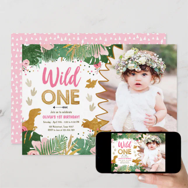 Wild One Dino Party Girl Pink Dinosaur Birthday Invitation | Zazzle