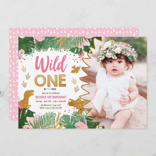 Wild One Dino Party Girl Pink Dinosaur Birthday Invitation