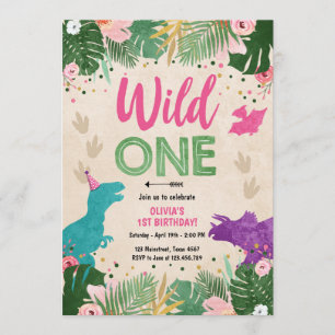 Wild One Dino Party Girl Pink Dinosaur Birthday Invitation