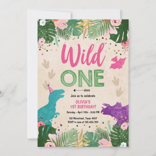 Wild One Dino Party Girl Pink Dinosaur Birthday Invitation