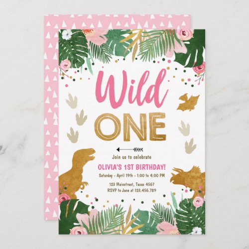 Wild One Dino Party Girl Pink Dinosaur Birthday Invitation