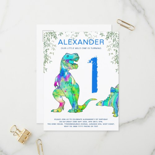 Wild One Dinosaur 1st Birthday Party Budget blue Invitation Postcard