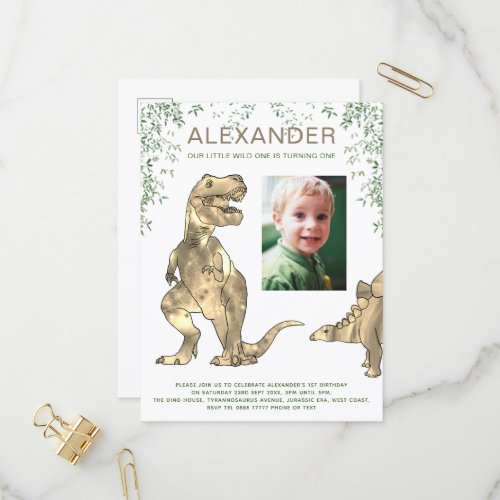 Wild One Dinosaur 1st Birthday Party Budget Invita Invitation Postcard