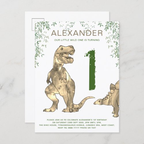 Wild One Dinosaur 1st Birthday Party Budget Invitation Postcard