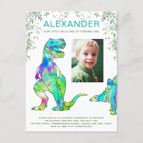Wild One Dinosaur 1st Birthday Party Budget Invitation Postcard
