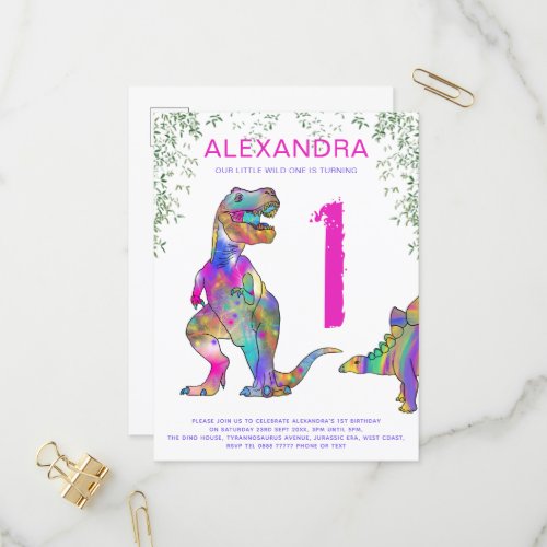 Wild One Dinosaur 1st Birthday Party Budget Invitation Postcard