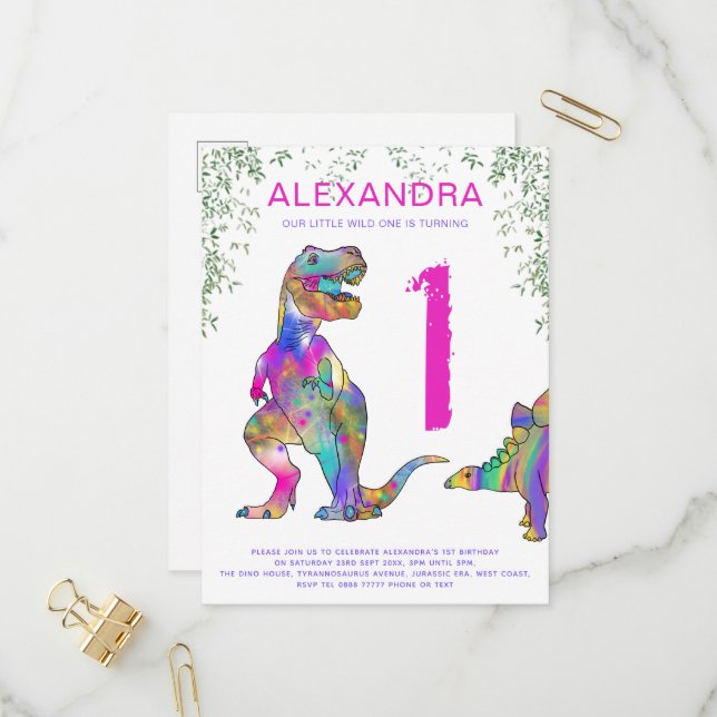 Wild One Dinosaur 1st Birthday Party Budget Invitation Postcard (Front/Back In Situ)