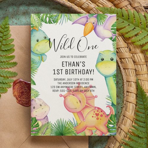 Wild One Dinosaur 1st Birthday Party Invitation