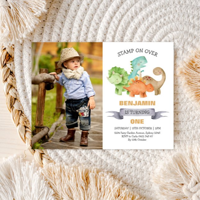 Wild One Dinosaur 1st Birthday Photo Invitation Postcard (Creator Uploaded)