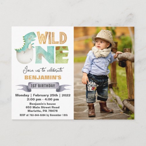 Wild One Dinosaur 1st Birthday Photo Invitation Postcard