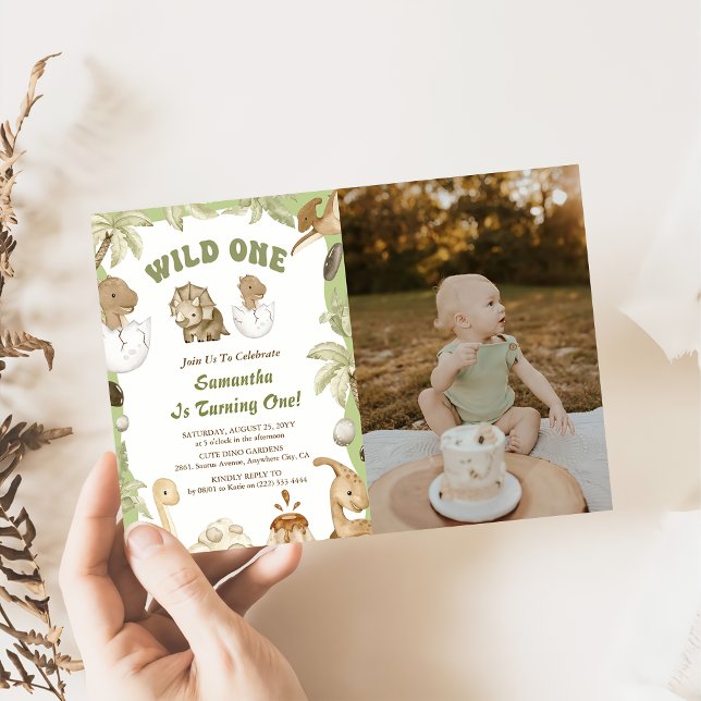 Wild One Dinosaur Boy 1st First Birthday Photo Invitation (Creator Uploaded)