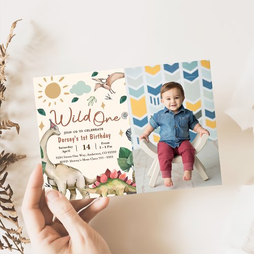 Wild One Dinosaur Boy 1st First Birthday Photo Invitation