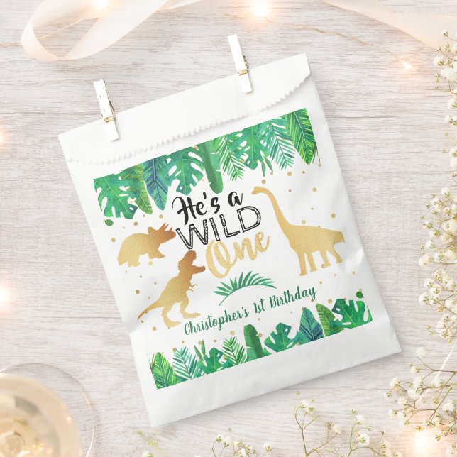 Wild One Dinosaur Boys 1st Birthday Party Favor Bag (Clipped)