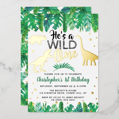 Wild One Dinosaur Boys 1st Birthday Real Foil Invitation