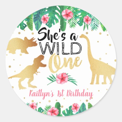 Wild One Dinosaur Girls 1st Birthday Classic Round Sticker