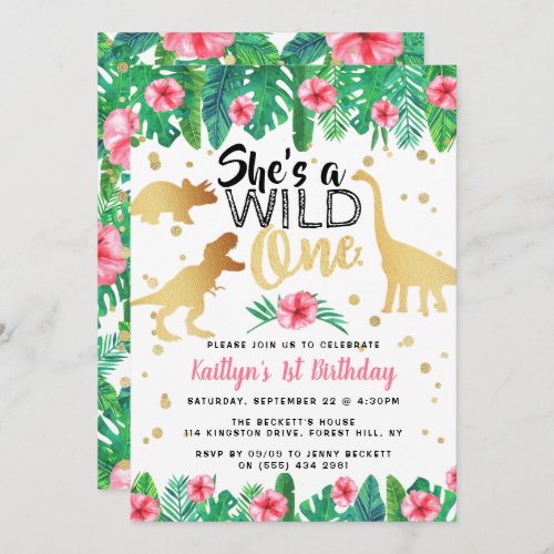 Wild One Dinosaur Girls 1st Birthday Invitation