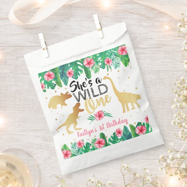 Wild One Dinosaur Girls 1st Birthday Party Favor Bag (Clipped)