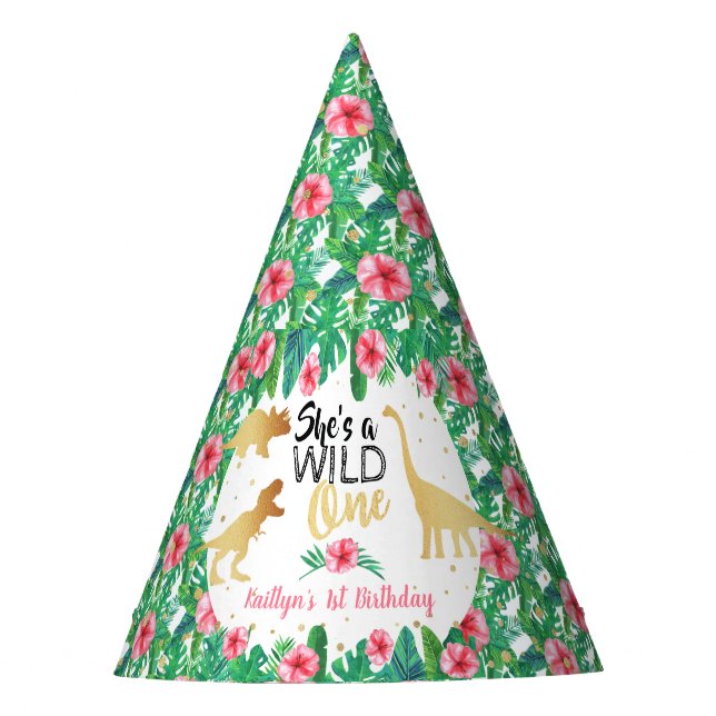 Wild One Dinosaur Girls 1st Birthday Party Hat (Front)