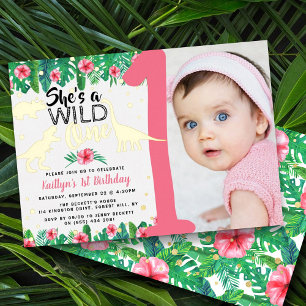 Wild One Dinosaur Girls 1st Birthday Photo Real Foil Invitation