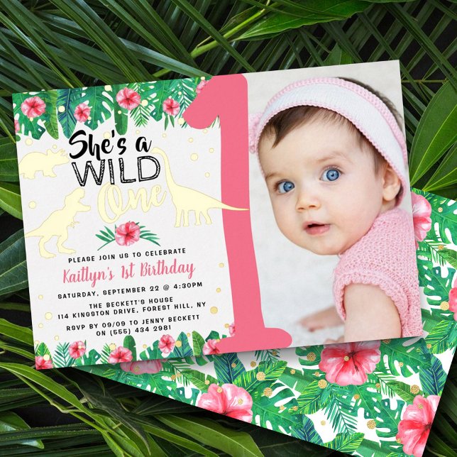 Wild One Dinosaur Girls 1st Birthday Photo Real Foil Invitation (Creator Uploaded)