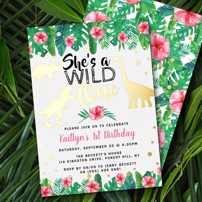 Wild One Dinosaur Girls 1st Birthday Real Foil Invitation (Creator Uploaded)
