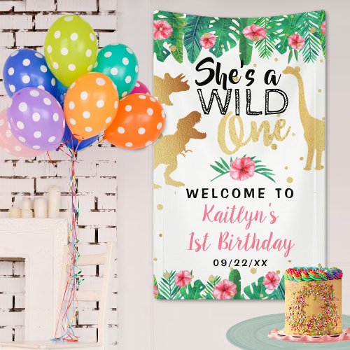 Wild One Dinosaur Girls 1st Birthday Welcome Banner