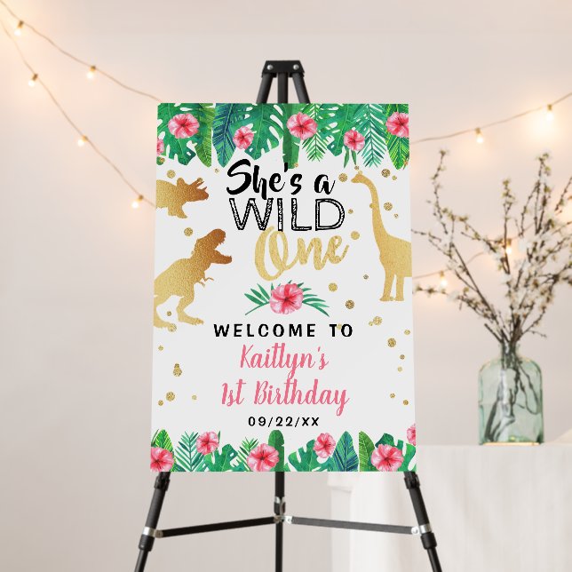 Wild One Dinosaur Girls 1st Birthday Welcome Foam Board (In Situ (Stand))