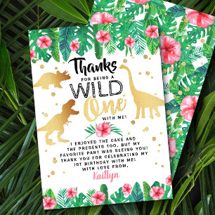 Wild One Dinosaur Girls First Birthday Thank You Card