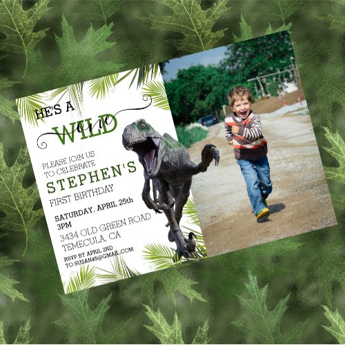 Wild One Dinosaur Jurassic Photo Raptor Birthday  Invitation