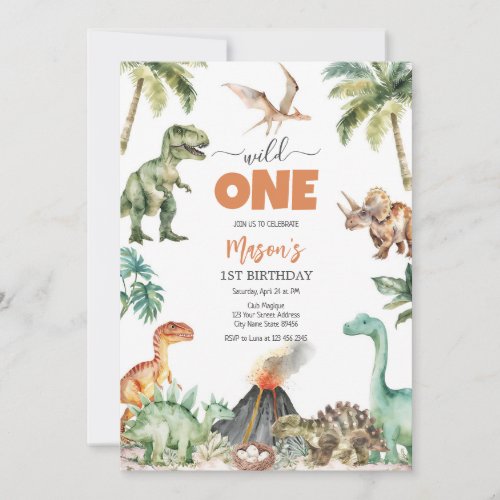 Wild One Dinosaur Kids 1st Birthday Invitatio