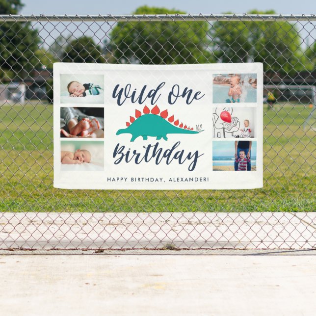 Wild One Dinosaur Photo Collage Birthday Party Banner (Insitu)