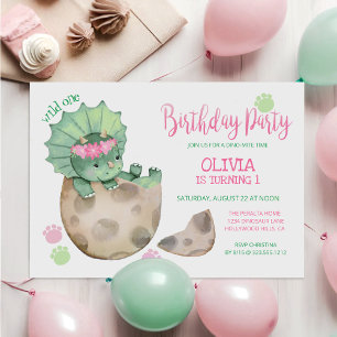 Wild One Dinosaur Triceratops Girl's 1st Birthday Invitation
