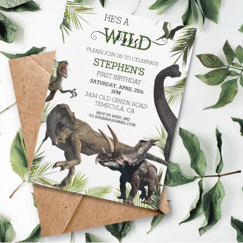 Wild One Dinosaur Tyrannosaurus Raptor Birthday Invitation