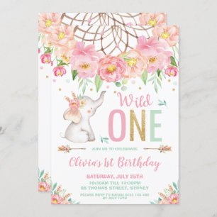 Wild One Elephant 1st Birthday Boho Pink Floral Invitation