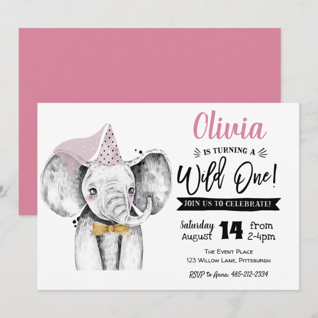 Wild One Elephant | Girl 1st Birthday invitation (Front/Back)
