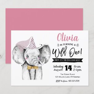 Wild One Elephant Girl 1st Birthday invitation