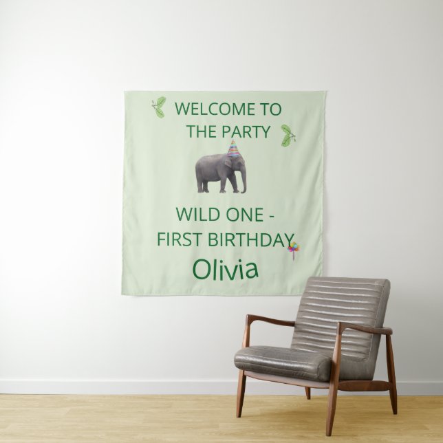 Wild One Elephant Party Welcome Art Tapestry (In Situ)